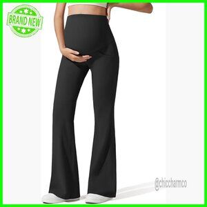 Maternity Flare Yoga Pants with Pockets Over Belly Ribbed Active